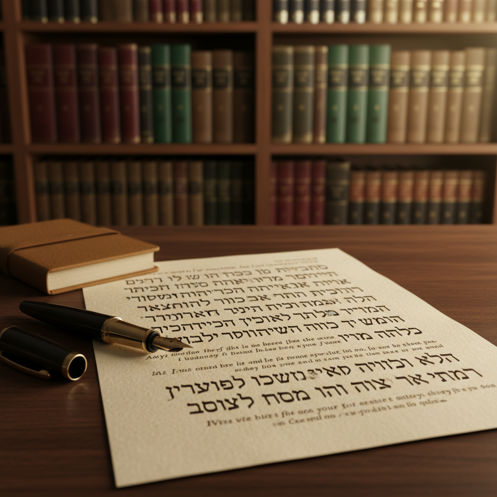 An elegantly textured parchment-like sheet filled with handwritten Hebrew verses and brief English notes, positioned on a dark walnut desk beside a fountain pen with a gleaming gold nib and a small, closed tan notebook. In the background, slightly out of focus, a bookshelf lined with classic sefarim in deep burgundy and forest-green bindings adds scholarly depth. Warm golden-hour light from the right washes across the scene, revealing subtle fibers in the paper and a soft sheen on the ink. Photographic realism, composed using the rule of thirds, with a calm, thoughtful mood that conveys the crafting of Divrei Torah and considered spiritual insights.