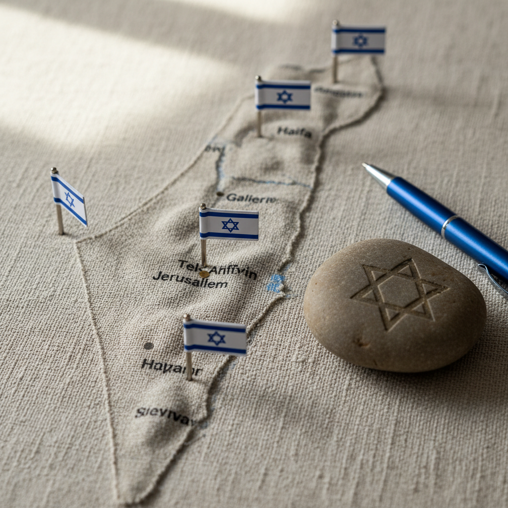 A small, detailed topographic map of Israel spread across a light linen cloth, with tiny, carefully placed flag pins marking key cities and regions. Beside the map lies a smooth river stone engraved with a subtle Star of David motif and a slim, metallic-blue pen. Outside the frame, diffused midday light enters from above, softly illuminating the contours of the map and casting faint shadows from the pins, emphasizing the land’s texture. Photographic realism shot from a slightly elevated angle, with moderate depth of field so the central region is in sharp focus while edges gently blur, evoking thoughtful engagement with current Jewish and Israeli reality in a sophisticated, reflective tone.